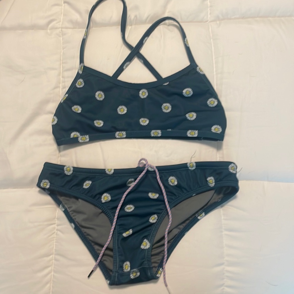 JOLYN two piece bikini, teal and daisy smiles print.